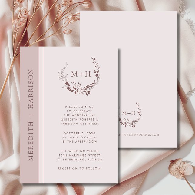 Rose Gold Blush Monogram Wreath Wedding Invitation (Rose Gold Blush Monogram Wreath Wedding Invitation)