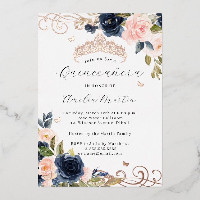 Rose Gold Blush Navy Floral Swirl Quinceanera   (Front)
