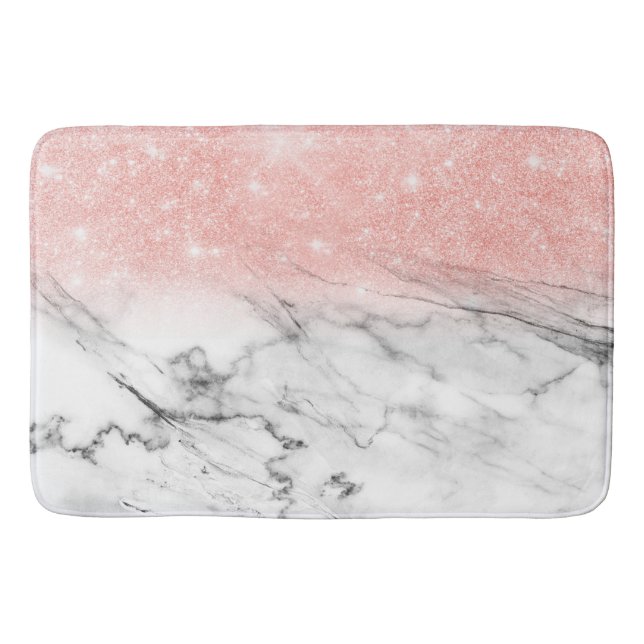 Rose Gold Blush Ombre Glitter on Trendy Marble Bath Mat (Front)
