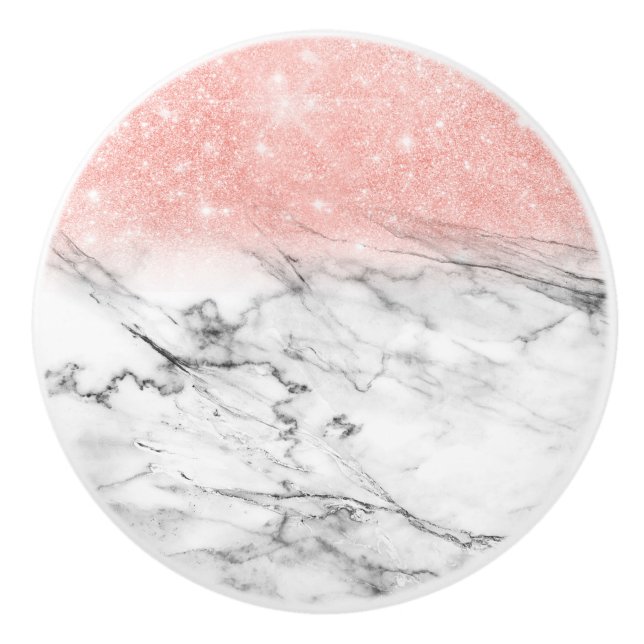 Rose Gold Blush Ombre Glitter on Trendy Marble Ceramic Knob (Front)