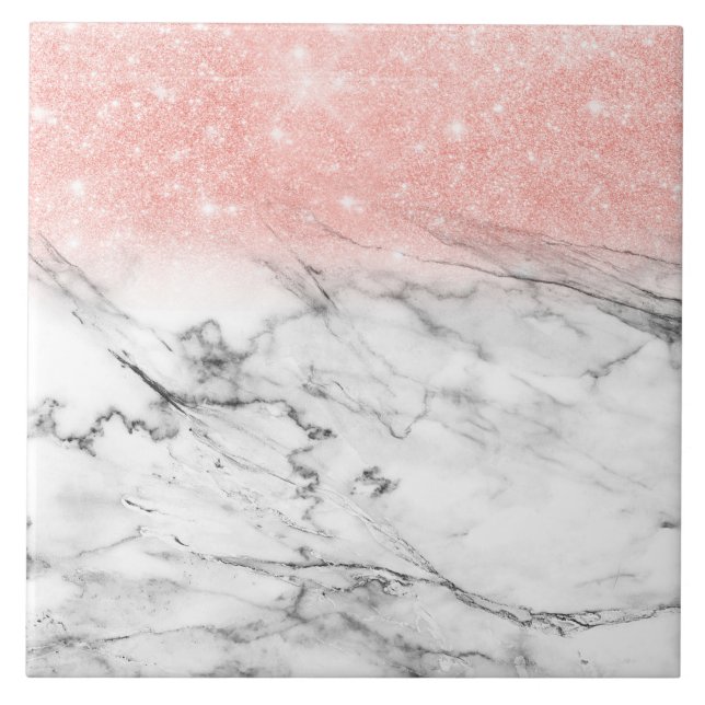 Rose Gold Blush Ombre Glitter on Trendy Marble Ceramic Tile (Front)