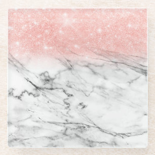 Rose Gold Blush Ombre Glitter on Trendy Marble Glass Coaster