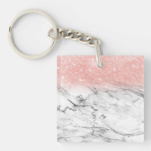 Rose Gold Blush Ombre Glitter on Trendy Marble Key Ring