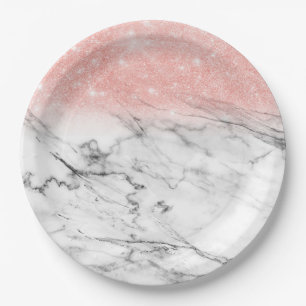 Rose Gold Blush Ombre Glitter on Trendy Marble Paper Plate