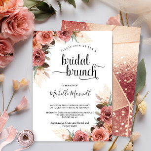 Rose Gold, Blush Pampas Grass Floral Bridal Brunch Invitation