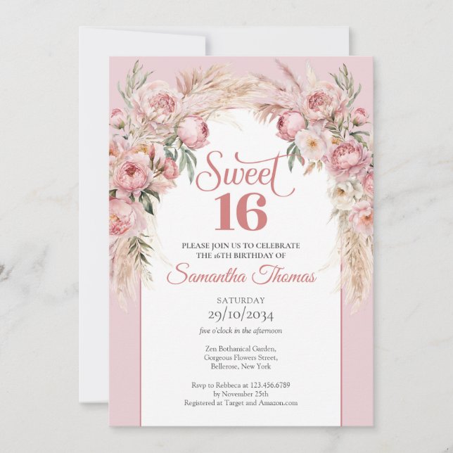 Rose gold blush peonies pampas boho arch sage invitation (Front)