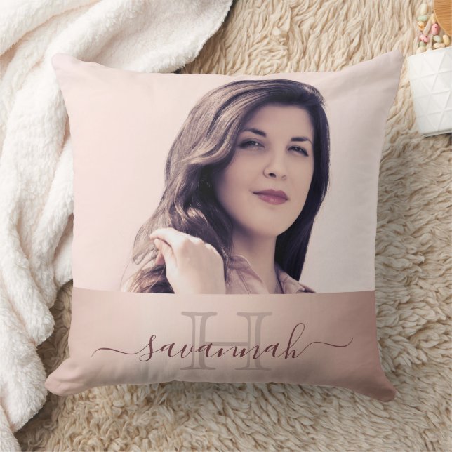 Rose gold blush photo monogram initial name cushion (Blanket)