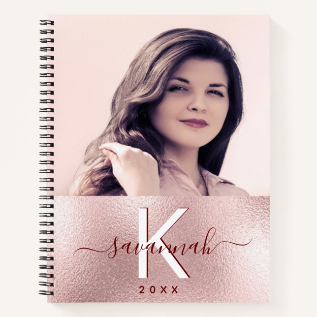 Rose gold blush photo monogram script notebook (Front)
