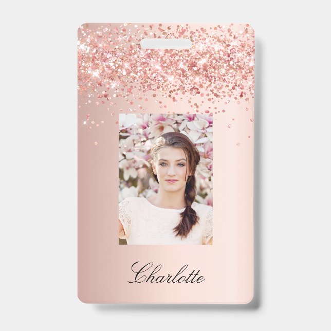 Rose gold  blush photo name ID badge (Front)
