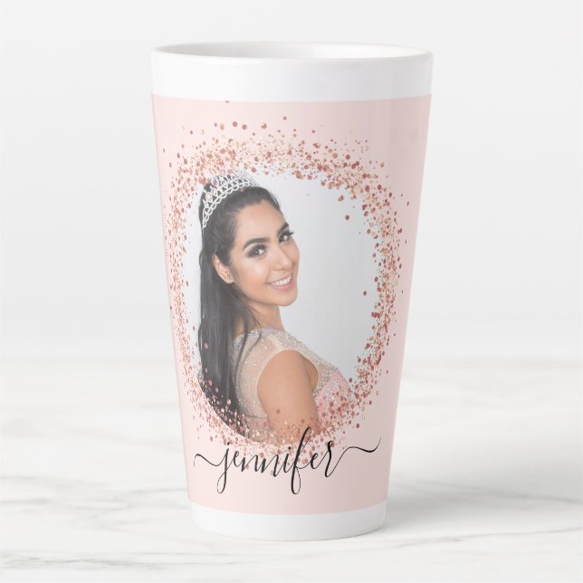 Rose gold blush photo name script latte mug (Front)