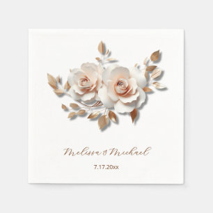 Rose Gold Blush Pink 3D Roses Your Names Wedding Napkin