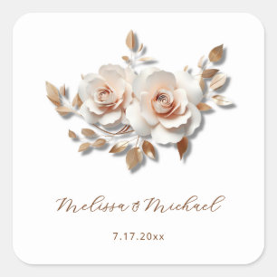 Rose Gold Blush Pink 3D Roses Your Names Wedding Square Sticker