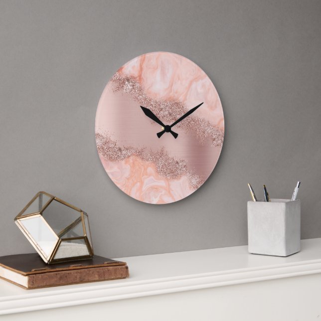 Rose Gold Blush Pink Agate Geode Glitter  Large Clock (Office)