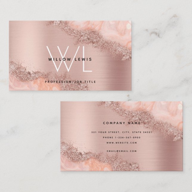 Rose Gold Blush Pink Agate Geode Glitter Monogram  Business Card (Front/Back)
