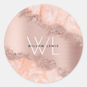 Rose Gold Blush Pink Agate Geode Glitter Monogram  Classic Round Sticker