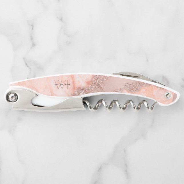 Rose Gold Blush Pink Agate Geode Glitter Monogram  Corkscrew (Front)