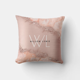 Rose Gold Blush Pink Agate Geode Glitter Monogram Cushion