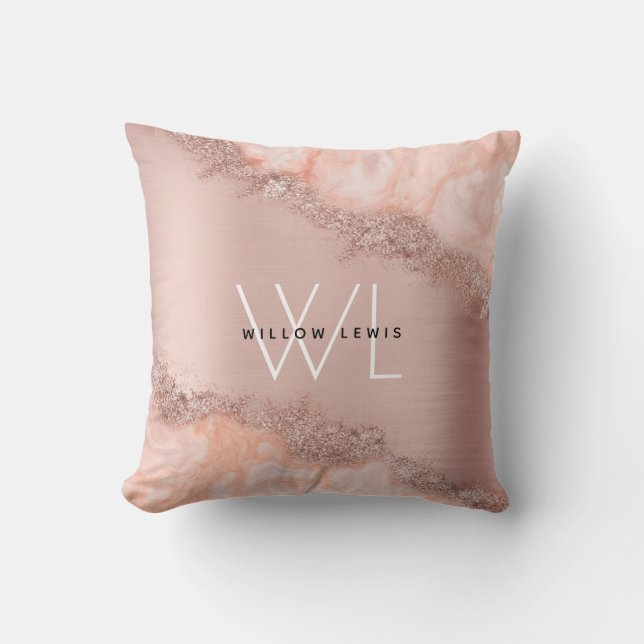 Rose Gold Blush Pink Agate Geode Glitter Monogram  Cushion (Front)
