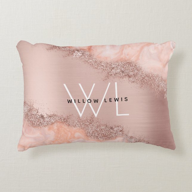 Rose Gold Blush Pink Agate Geode Glitter Monogram Decorative Cushion (Front)