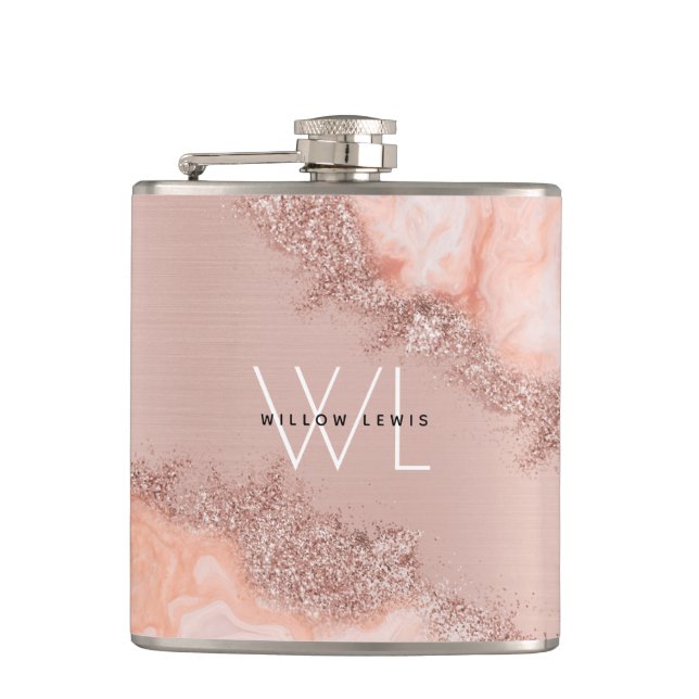 Rose Gold Blush Pink Agate Geode Glitter Monogram Hip Flask (Front)