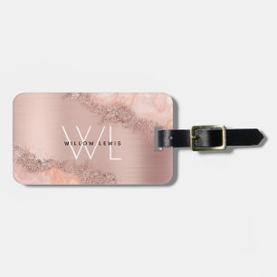 Rose Gold Blush Pink Agate Geode Glitter Monogram  Luggage Tag