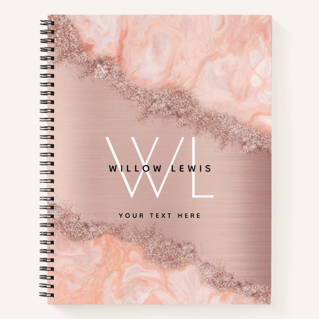 Rose Gold Blush Pink Agate Geode Glitter Monogram Notebook (Front)
