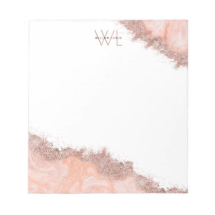 Rose Gold Blush Pink Agate Geode Glitter Monogram Notepad