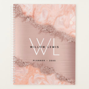 Rose Gold Blush Pink Agate Geode Glitter Monogram Planner