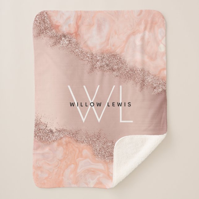 Rose Gold Blush Pink Agate Geode Glitter Monogram  Sherpa Blanket (Front)