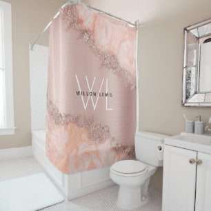 Rose Gold Blush Pink Agate Geode Glitter Monogram Shower Curtain