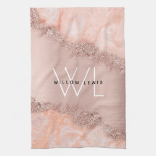 Rose Gold Blush Pink Agate Geode Glitter Monogram  Tea Towel