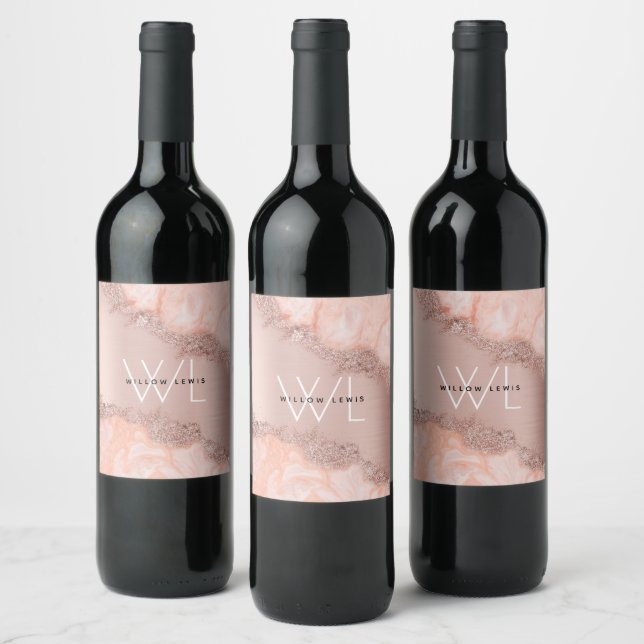 Rose Gold Blush Pink Agate Geode Glitter Monogram Wine Label (Bottles)