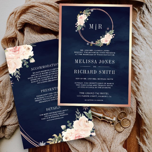 Rose Gold Blush Pink All in One Navy Blue Wedding Invitation (Creator Uploaded)