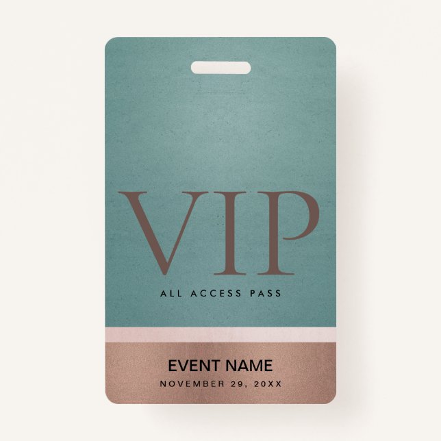 ROSE GOLD BLUSH PINK AQUA VIP EVENT ACCESS PASS ID BADGE (Front)