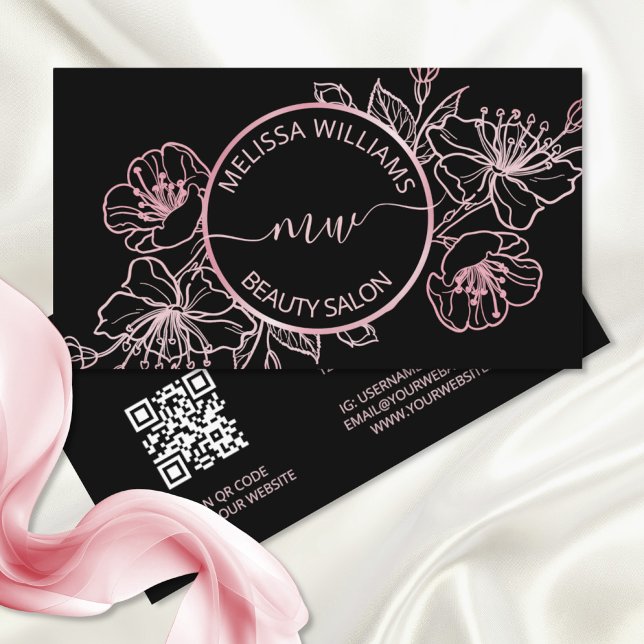 Rose Gold Blush Pink Black Floral | QR Code Business Card (Creator Uploaded)
