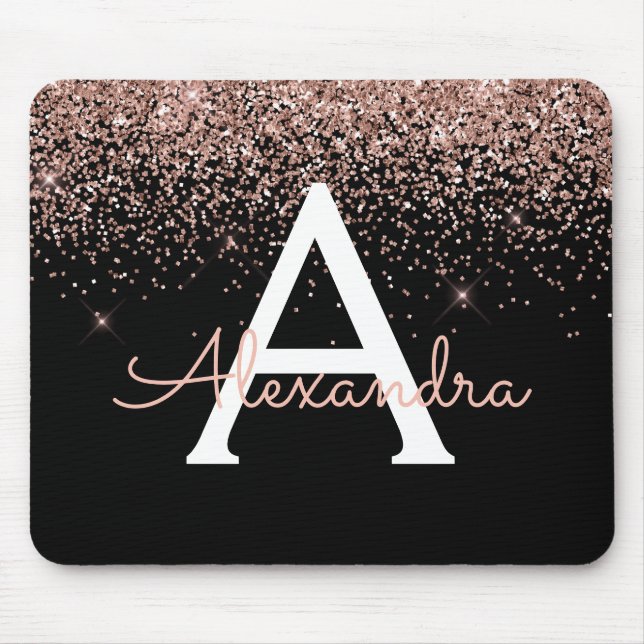 Rose Gold Blush Pink Black Glitter Luxury Monogram Mouse Pad (Front)