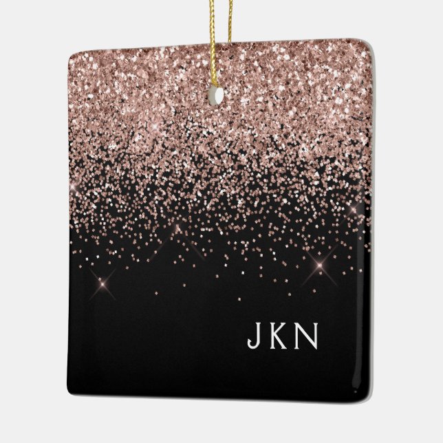 Rose Gold Blush Pink Black Glitter Monogram Ceramic Ornament (Left)