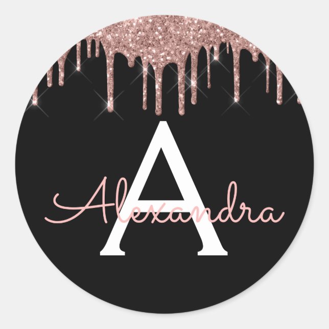 Rose Gold - Blush Pink Black Glitter Monogram Classic Round Sticker (Front)