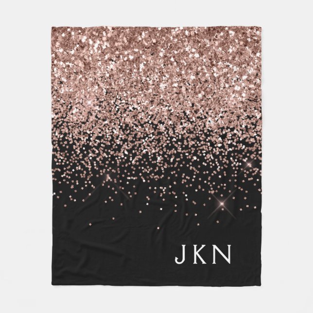 Rose Gold Blush Pink Black Glitter Monogram Fleece Blanket (Front)