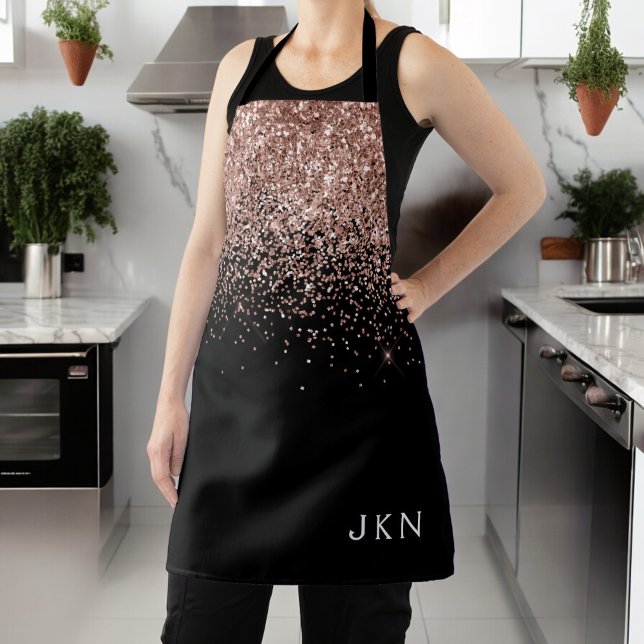 Rose Gold Blush Pink Black Glitter Monogram Girly Apron (Creator Uploaded)