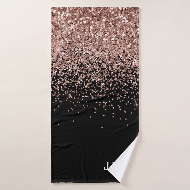 Rose Gold Blush Pink Black Glitter Monogram Girly Bath Towel (Bath Towel)