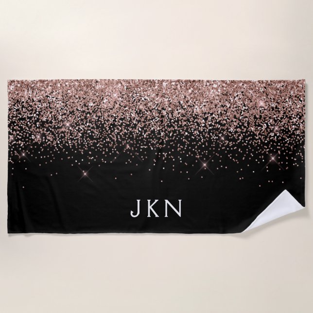 Rose Gold Blush Pink Black Glitter Monogram Girly Beach Towel (Front)