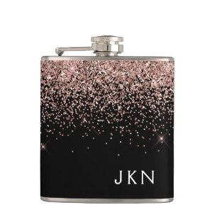 Rose Gold Blush Pink Black Glitter Monogram Girly Hip Flask
