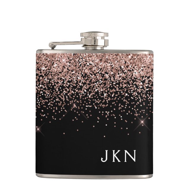 Rose Gold Blush Pink Black Glitter Monogram Girly Hip Flask (Front)