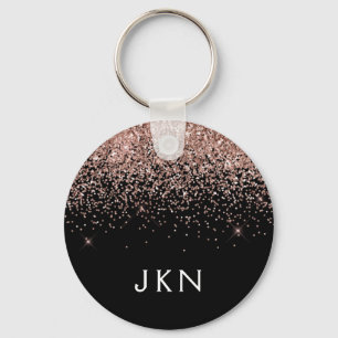 Rose Gold Blush Pink Black Glitter Monogram Girly Key Ring