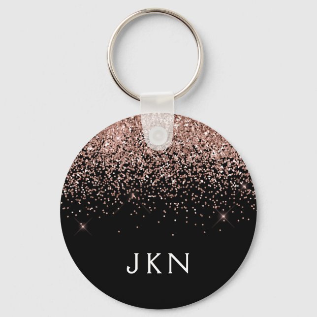 Rose Gold Blush Pink Black Glitter Monogram Girly Key Ring (Front)