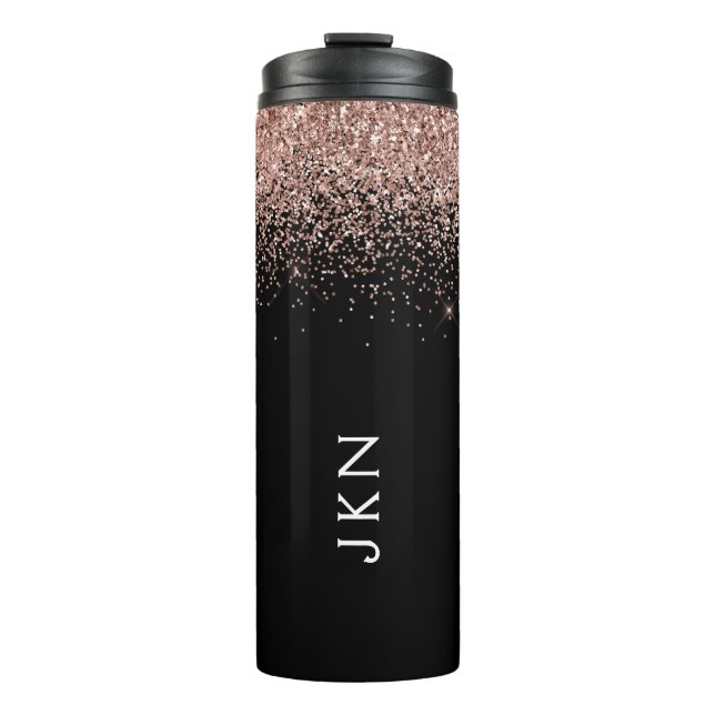 Rose Gold Blush Pink Black Glitter Monogram Girly Thermal Tumbler (Front)