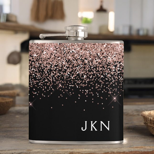 Rose Gold Blush Pink Black Glitter Monogram Hip Flask (Creator Uploaded)