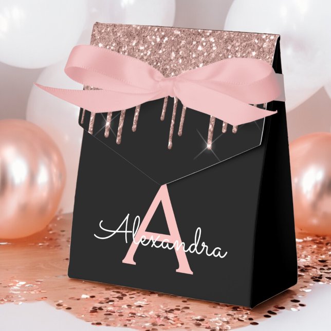 Rose Gold - Blush Pink Black Glitter Monogram Name Favour Box (Creator Uploaded)