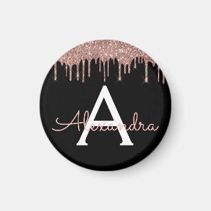 Rose Gold - Blush Pink Black Glitter Monogram Name Magnet